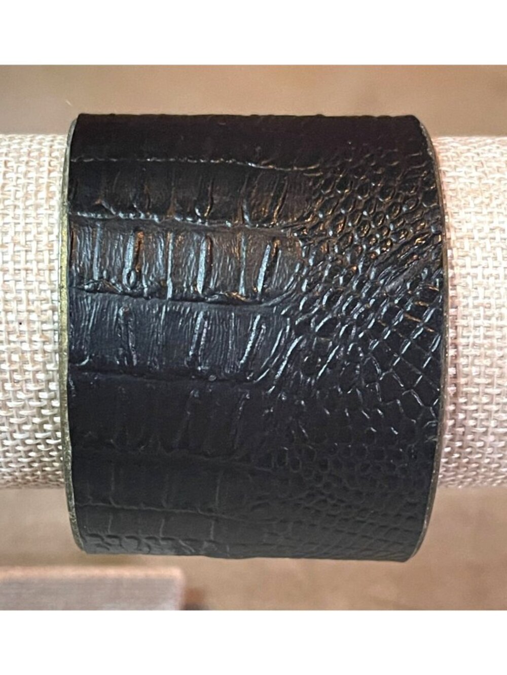 Vintage Y2K Black Embossed Faux Leather Metal Cuff Bracelet